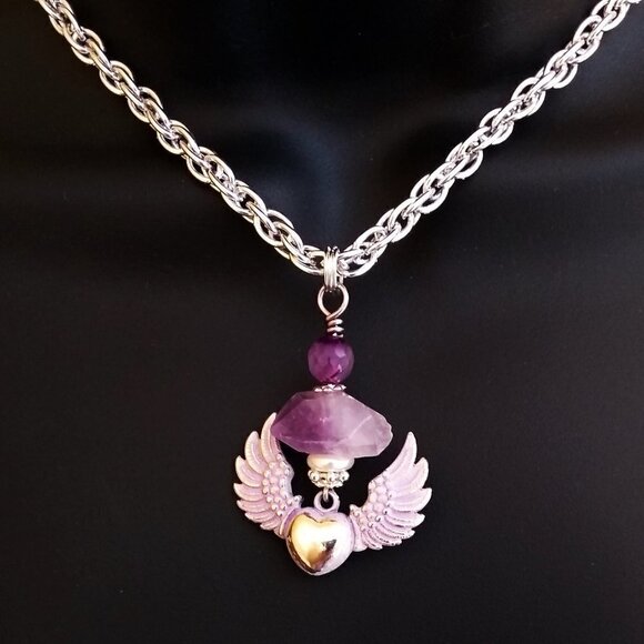 Winged Heart Amethyst Necklace ~ Hand Painted, One-of-a-Kind, Spiritual Gift - Picture 7 of 16